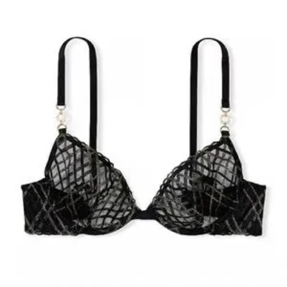 Victoria’s Secret VERY SEXY Shimmer Embroidery Low-Cut Demi Bra Black Gold 32D